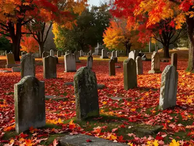 A quiet cemetery with old headstones under autumn maple trees.