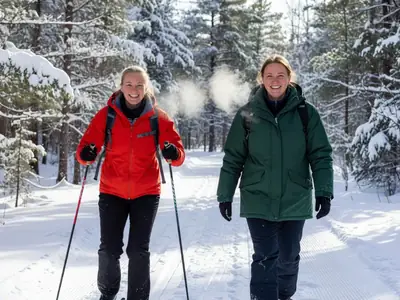 A woman in a red jacket cross-country skiing along a groomed trail while her friend in a green jacket walks beside her on snowshoes.