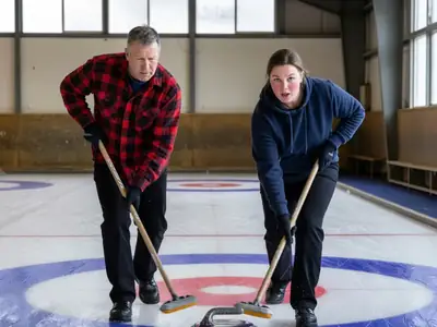Curlers sweeping in front of a sliding stone in a curling club.