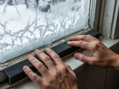 Close-up of hands pressing a strip of weatherstripping foam along the edge of a window frame.