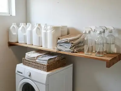A laundry room shelf with refill jugs of laundry detergent, a bulk pack of paper towels, reusable cloths and glass spray bottles.