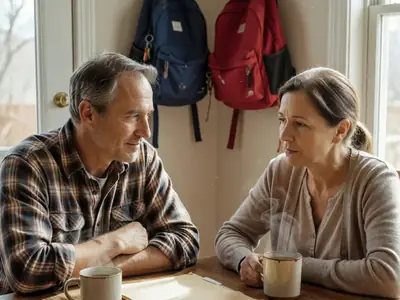 A middle-aged couple at their dining table after the kids are in bed, talking seriously but warmly over cups of tea.