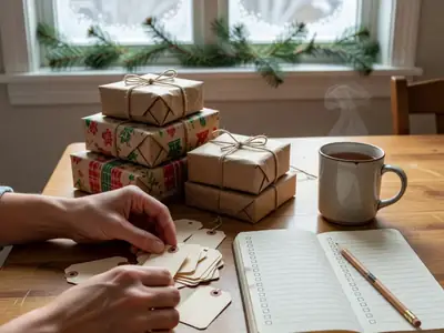 Close-up of a person's hands sorting a few blank gift tags, a small stack of wrapped presents and a plain paper notebook with hand-drawn tick boxes.