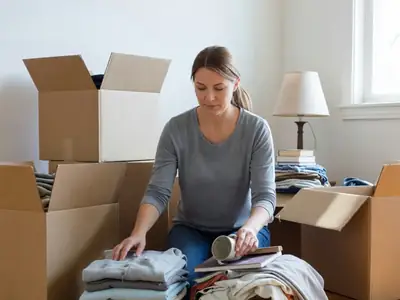 A woman sorting belongings into keep and donate piles on a living room floor before a move.