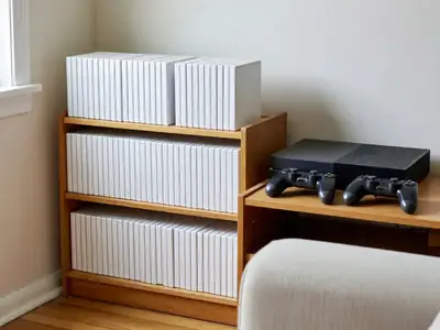 A shelf of video game cases without artwork next to a game console and two controllers.