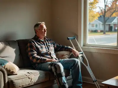 A man with a knee brace sitting on his sofa with crutches beside him, looking out the window.