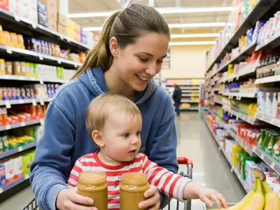 A young mother with a toddler in the cart seat comparing two plain jars of peanut butter in a big-box store aisle.
