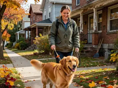 A pet sitter walks a golden retriever on a leafy Canadian residential street.