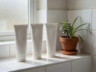 A simple three-step skincare routine, a cleanser, a moisturiser and a sunscreen tube, on a bathroom shelf.