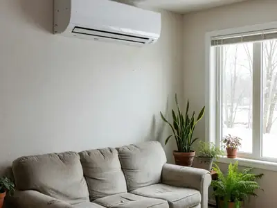A white ductless mini-split heat pump head mounted high on the wall of a bright living room.
