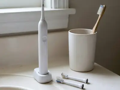 An electric toothbrush on its charger next to spare brush heads and a manual toothbrush in a cup.