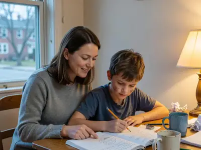 A single mother helping her son with homework at a kitchen table.