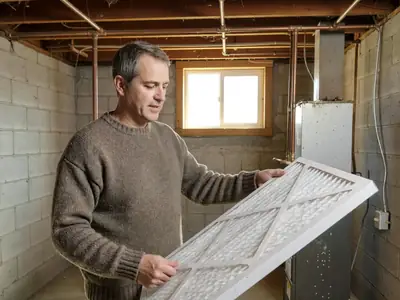 A man in a warm sweater standing by his gas furnace in the basement, holding a new furnace filter.