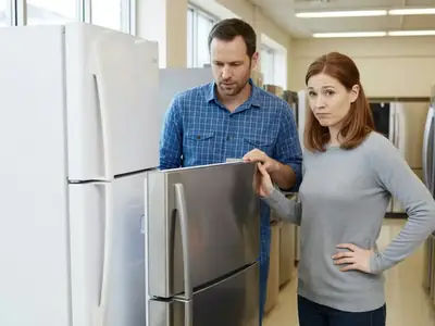 A couple comparing two refrigerators side by side in an appliance store.
