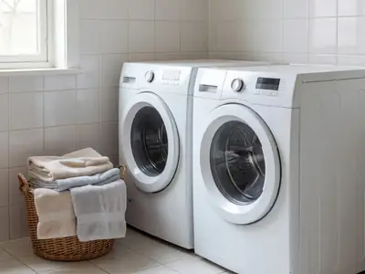 A new front-load washer and dryer in a bright laundry room.