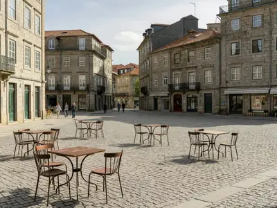 A quiet cobblestone square with café tables and few tourists in soft autumn light.