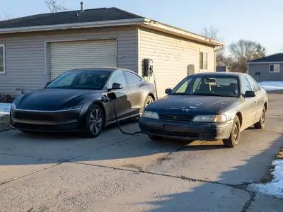 An electric car and a gas car parked side by side in a driveway, one plugged into a wall charger.