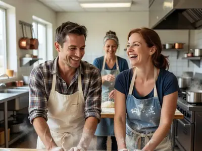 A couple taking a cooking class together, laughing as they knead dough.