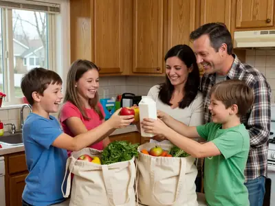 A family of four unpacking groceries together in their kitchen, kids handing apples and milk to their parents.