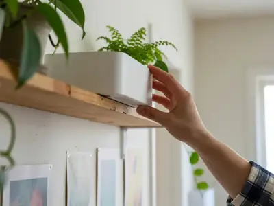 A hand repositioning a plain white router on a high shelf in an apartment hallway.