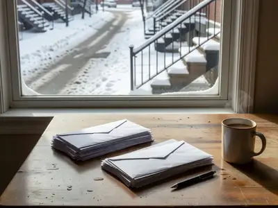 A kitchen table by a window with two separate neat stacks of tax slips and envelopes, a pen and a cup of coffee.