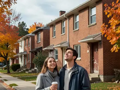 A young couple in their twenties standing on the sidewalk looking up at a small starter townhouse.