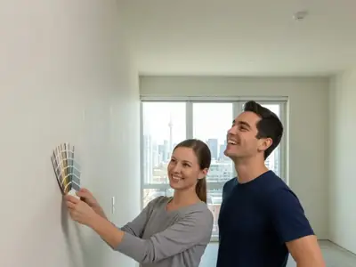 A young couple in an empty new condo unit, the woman holding paint swatches against the wall and the man laughing.