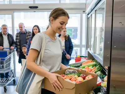 A young woman picking up a discounted box of mixed fruit and vegetables from a pickup fridge near a grocery store entrance.