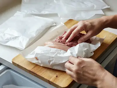 Close-up of hands wrapping portions of fresh chicken breasts and ground beef in freezer paper on a cutting board.