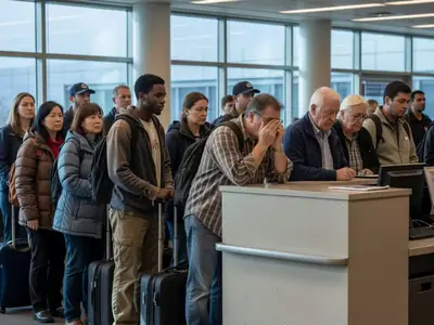 A group of passengers lined up at an airline service counter after a cancellation, one man rubbing his eyes.