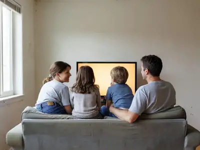 A family watching a show together on a sofa from behind, the screen glowing softly.