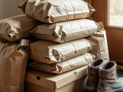 A pile of plain mailer bags and a shoebox by the front door ready to be returned.