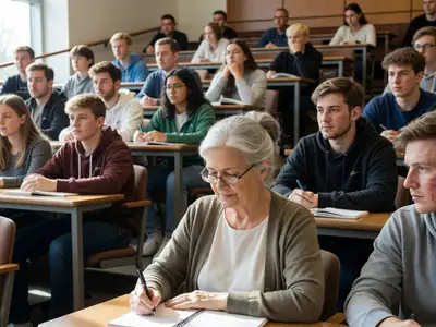 A woman in her seventies sitting in a university lecture hall among younger students, taking notes.