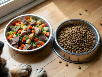 A dog bowl of fresh food with chunks of meat and vegetables beside a bowl of kibble on a kitchen floor.