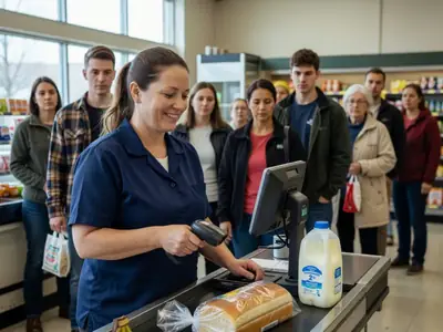 A cashier smiling as she rings up a customer's groceries at a busy discount supermarket checkout.