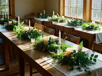 A cosy restaurant set up for a small Sunday wedding reception, long tables with candles and greenery.