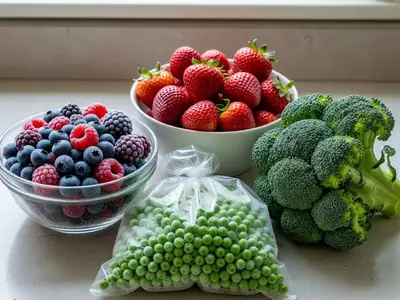 A bowl of frozen mixed berries and a bag of frozen peas beside a bowl of fresh strawberries and a head of broccoli on a counter.