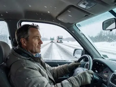 A man driving on a snowy highway at a steady speed with both hands on the wheel.