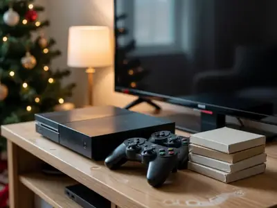 A plain black home gaming console and two controllers on a TV stand next to a small stack of game cases with blank covers.