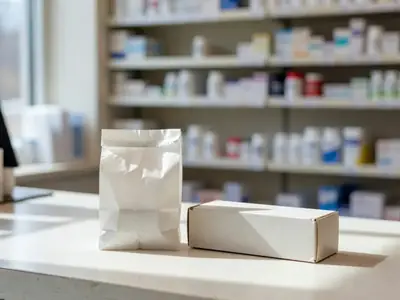 A pharmacy counter with a small white prescription bag and a plain injector pen box waiting for pickup.