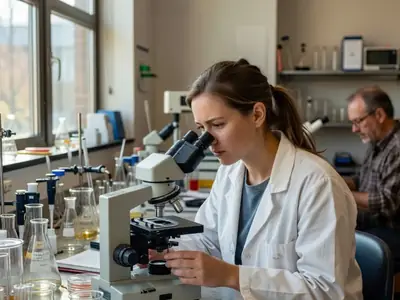 A graduate student working in a research lab with a microscope.