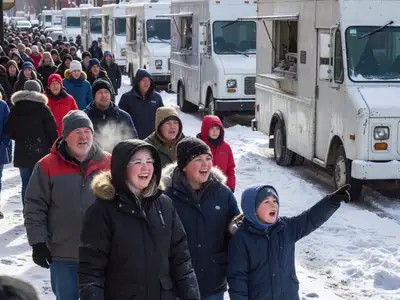 Football fans in winter jackets at an outdoor street festival before a big game.