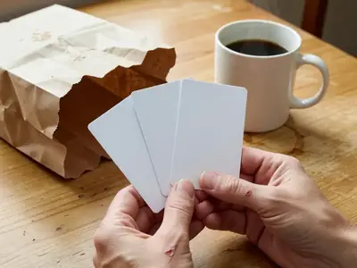Close-up of hands fanning out three blank plastic gift cards on a kitchen table next to a grocery bag.
