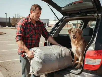 A man in a warehouse store parking lot lifting a big bag of dog food into his car trunk while his dog watches from the back seat.