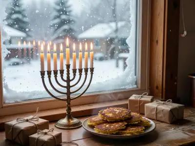 A lit menorah on a windowsill with a plate of latkes and a few small wrapped gifts.