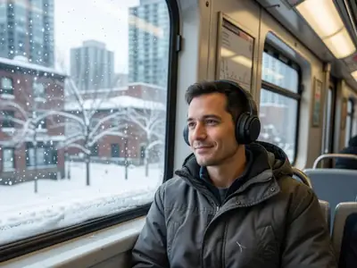 A commuter in a winter coat wearing over-ear headphones on a train, looking out the window at a snowy city with a relaxed expression.