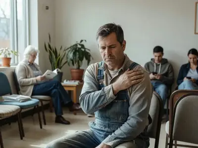 A self-employed carpenter in work clothes sitting in a physiotherapy clinic waiting area, rubbing his shoulder.