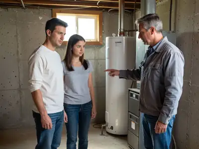 A young couple in their new house looking at a water heater in the basement with a home inspector.