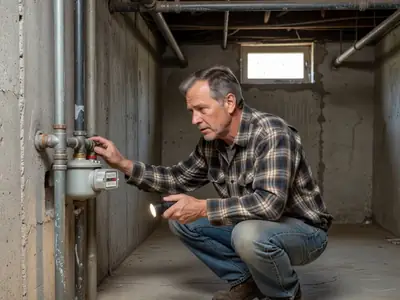 A homeowner crouched at the water meter in his basement with a flashlight, looking closely.
