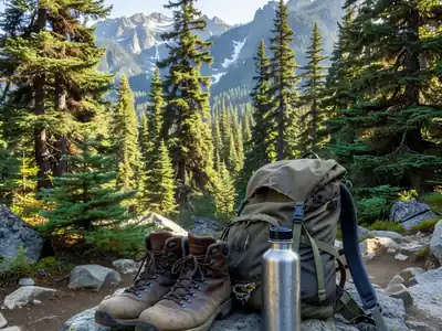 A pair of hiking boots, a daypack and a water bottle on a rock at a trailhead.
